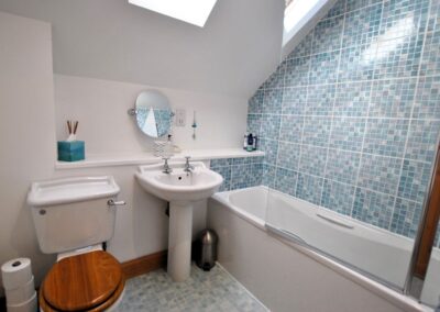 White bathroom suite beneath sloped ceiling with roof window. Tiled wall next to the bath which has a glass shower screen.