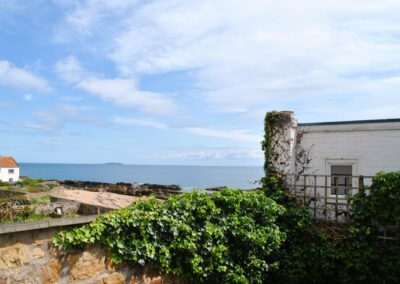 View across garden wall towards the sea and the Isle of May on the horizon.