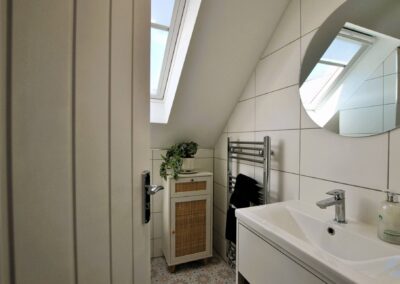 White tiled shower room with ceiling window, oval mirror and heated towel rail.